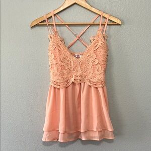 Feager‎ Asymmetrical Orange Cream  and Pink Ruffled Camisole Size Small